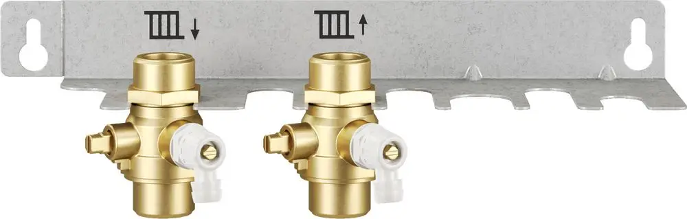 Montageplatte für Heizkreismodul mit zwei Anschlussventilen, montiert an einer metallischen Halterung, geeignet für Zubehör von Bosch Wohnungsstationen.